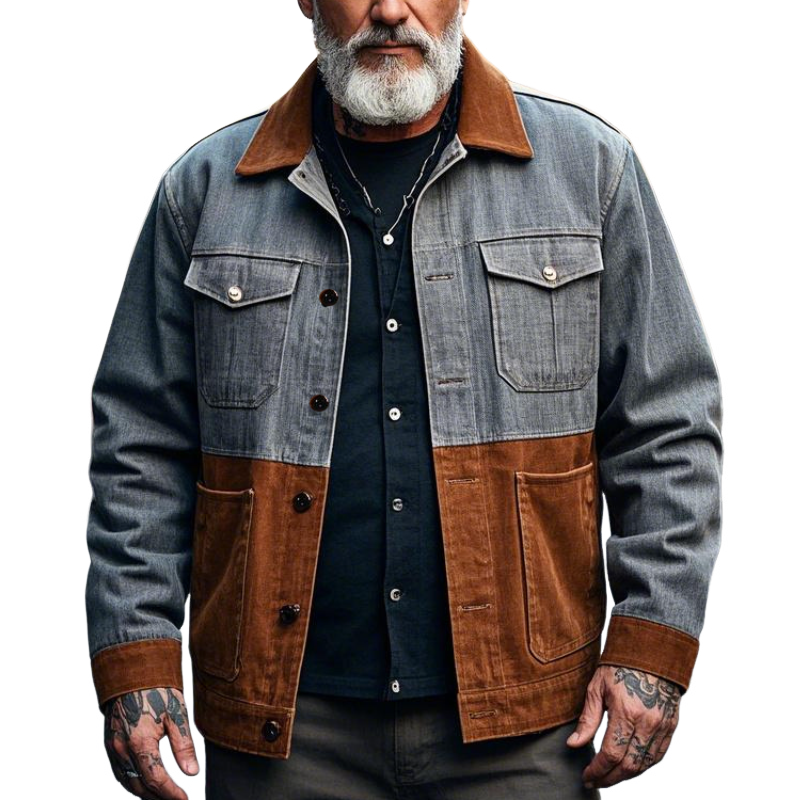 Men's Retro Casual Lapel Patchwork Denim Jacket 9903595782328