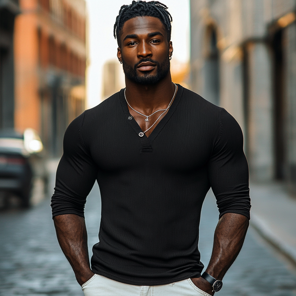 Men's Casual Cotton Blend Sripe V-Neck Slim Fit Long Sleeve T-Shirt 9892049977528