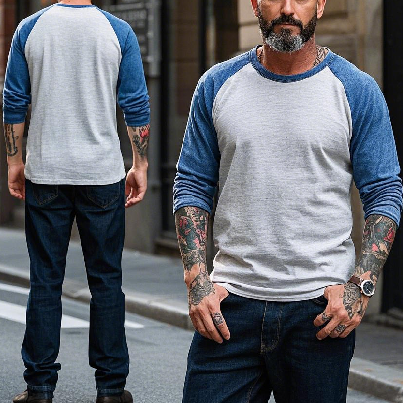 Men's Vintage Western Crew Neck Cotton Blend Raglan Long Sleeve T-shirt 9905397039288