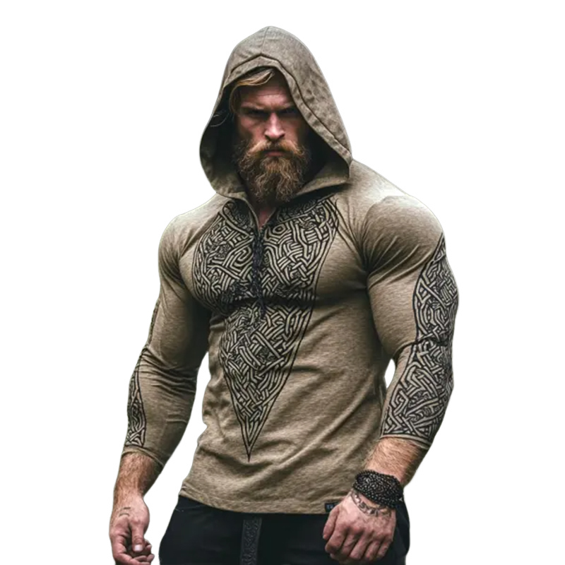 Men's Retro Casual Viking Totem Print Hooded Long Sleeve T-shirt 9901326368952