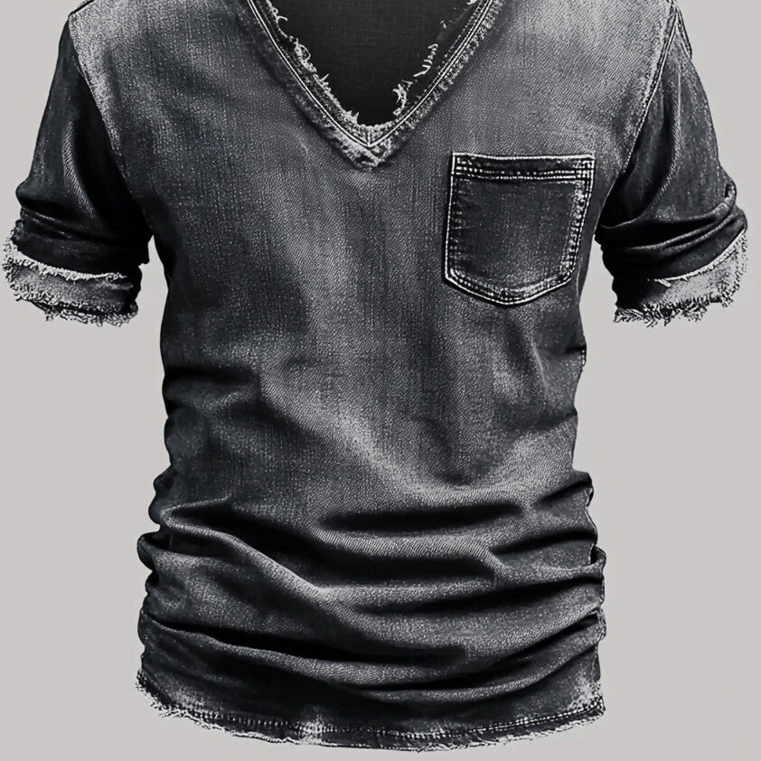 Men's Distressed Denim V Neck Short Sleeve Raw Edge Chest Pocket T-Shirt 9953098825912