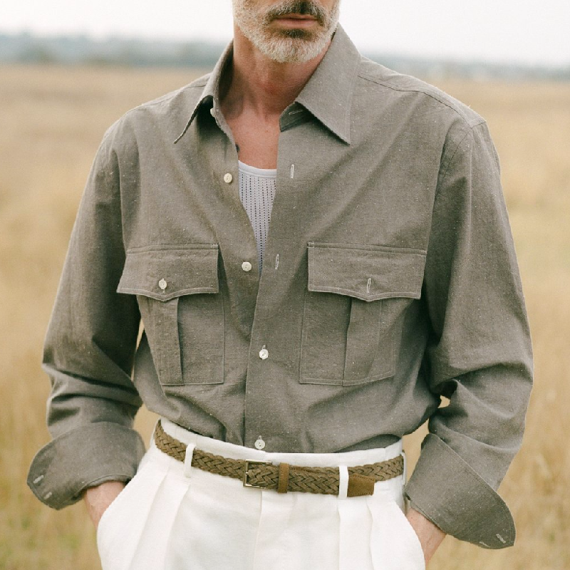 Men's Casual Lapel Cotton and Linen Long-sleeved Shirt 9893974966456