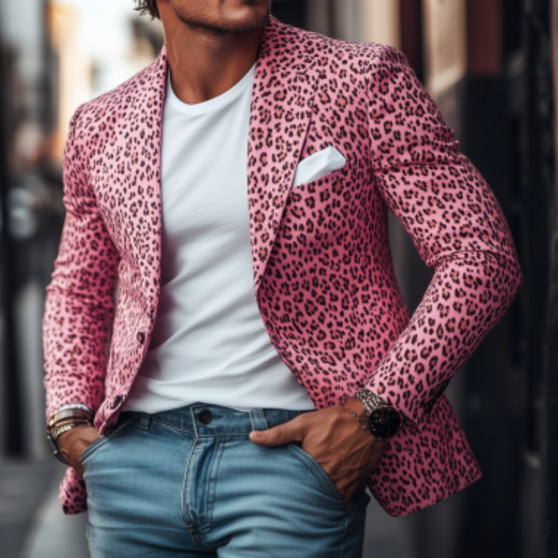 Men's Fashion Spring Summer Leopard Print Slim Fit Single Breasted Blazer 9911545495736