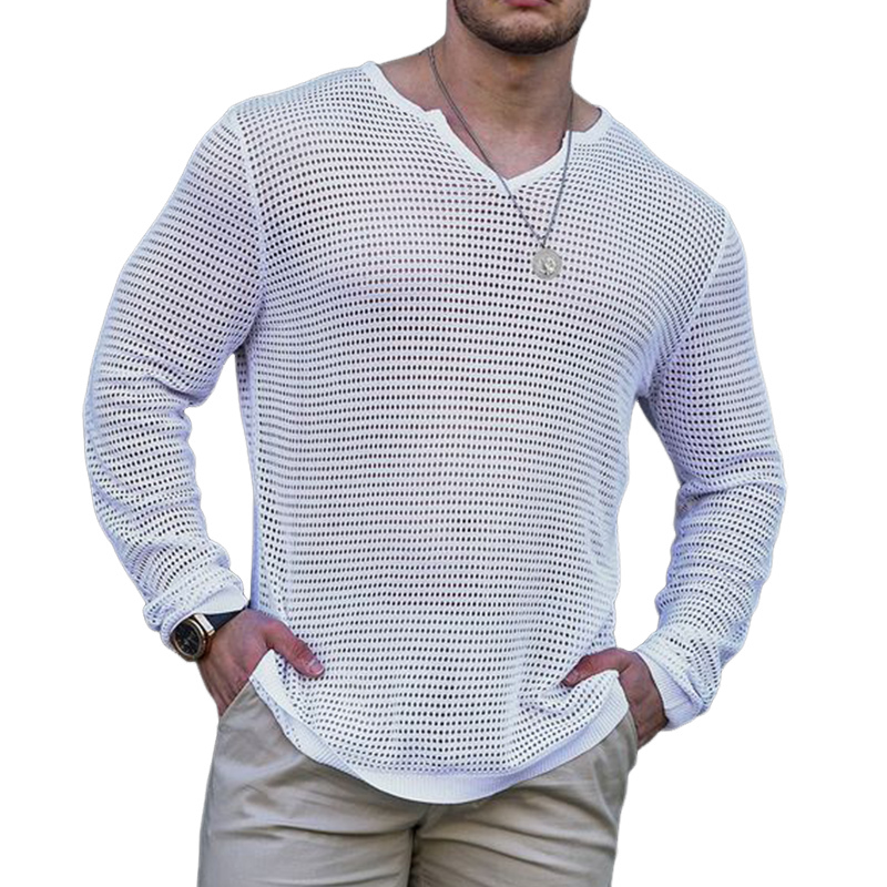 Men's Skin-friendly Mesh V-neck Knitted Long Sleeve T-shirt 9899720573112