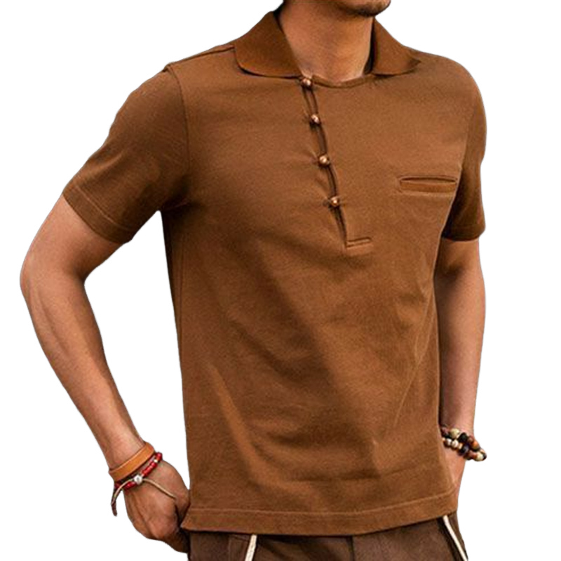 Men's Caramel Button-Down Cotton Short Sleeve T-Shirt 9899720835256