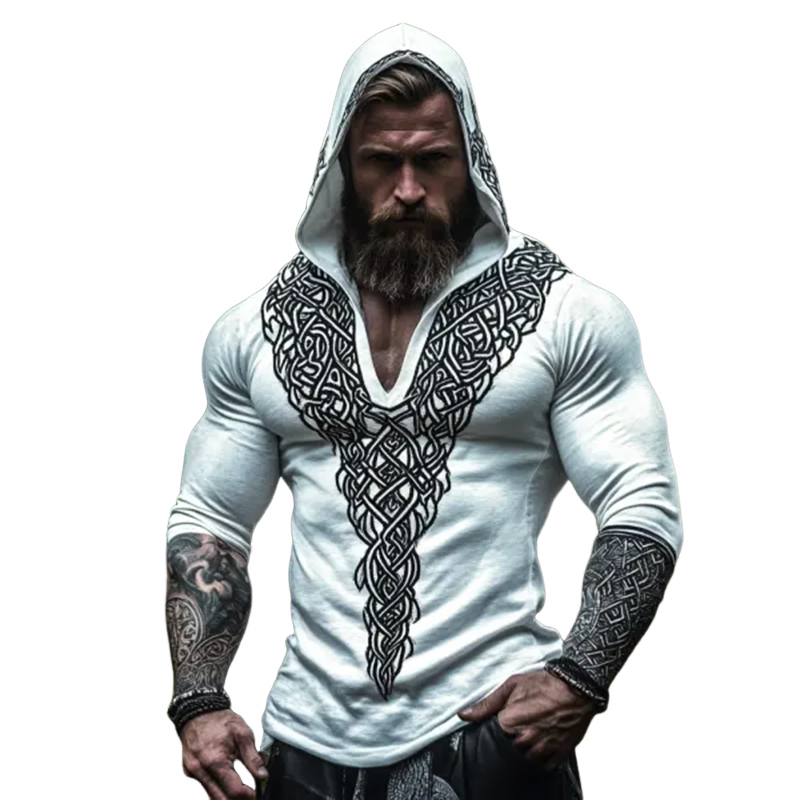 Men's Retro Casual Viking Totem Print Hooded Long Sleeve T-shirt 9901325680824