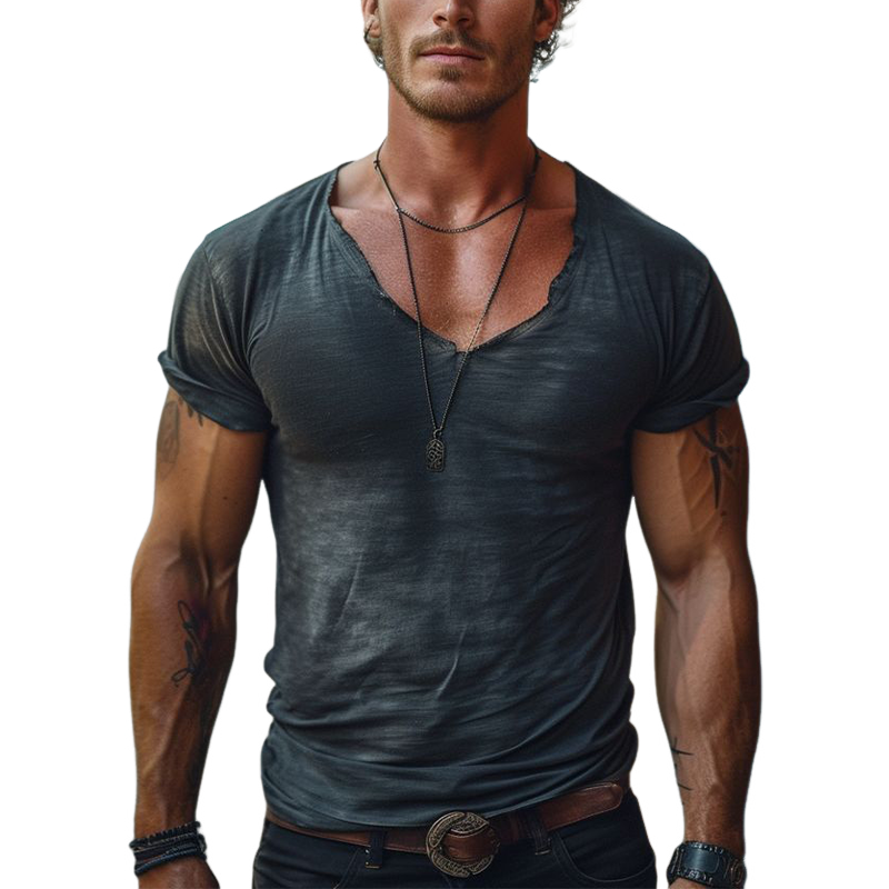 Men's Casual V-neck Slim Fit Cotton Short Sleeve T-shirt 9902008107192