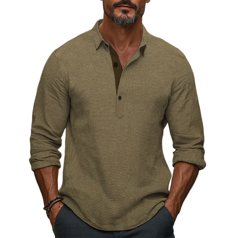 Men's Retro Casual Solid Color Waffle Lapel Long Sleeve Shirt 9903252897976