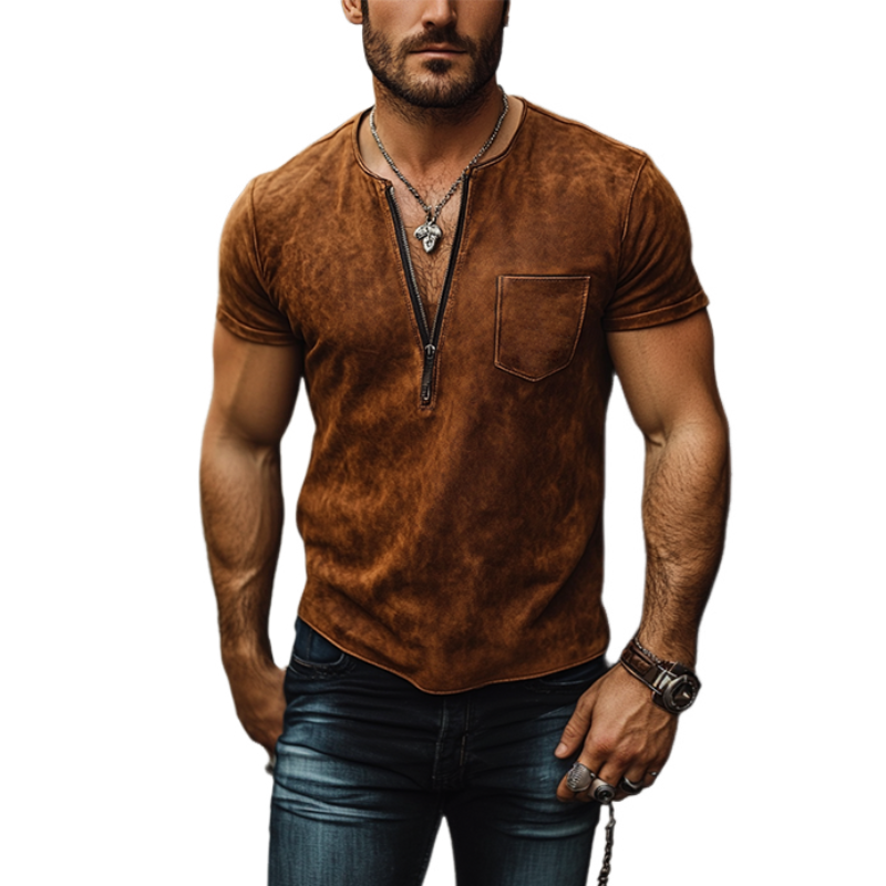 Men's Classic Casual Western Style V-Neck Slim Suede T-Shirt 9903258632376