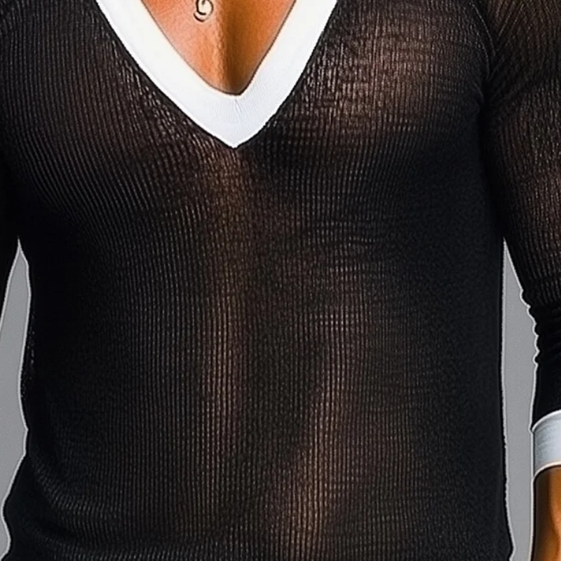 Men's Fashion Black and White Colorblock V-neck Long Sleeve T-shirt 9899721523384