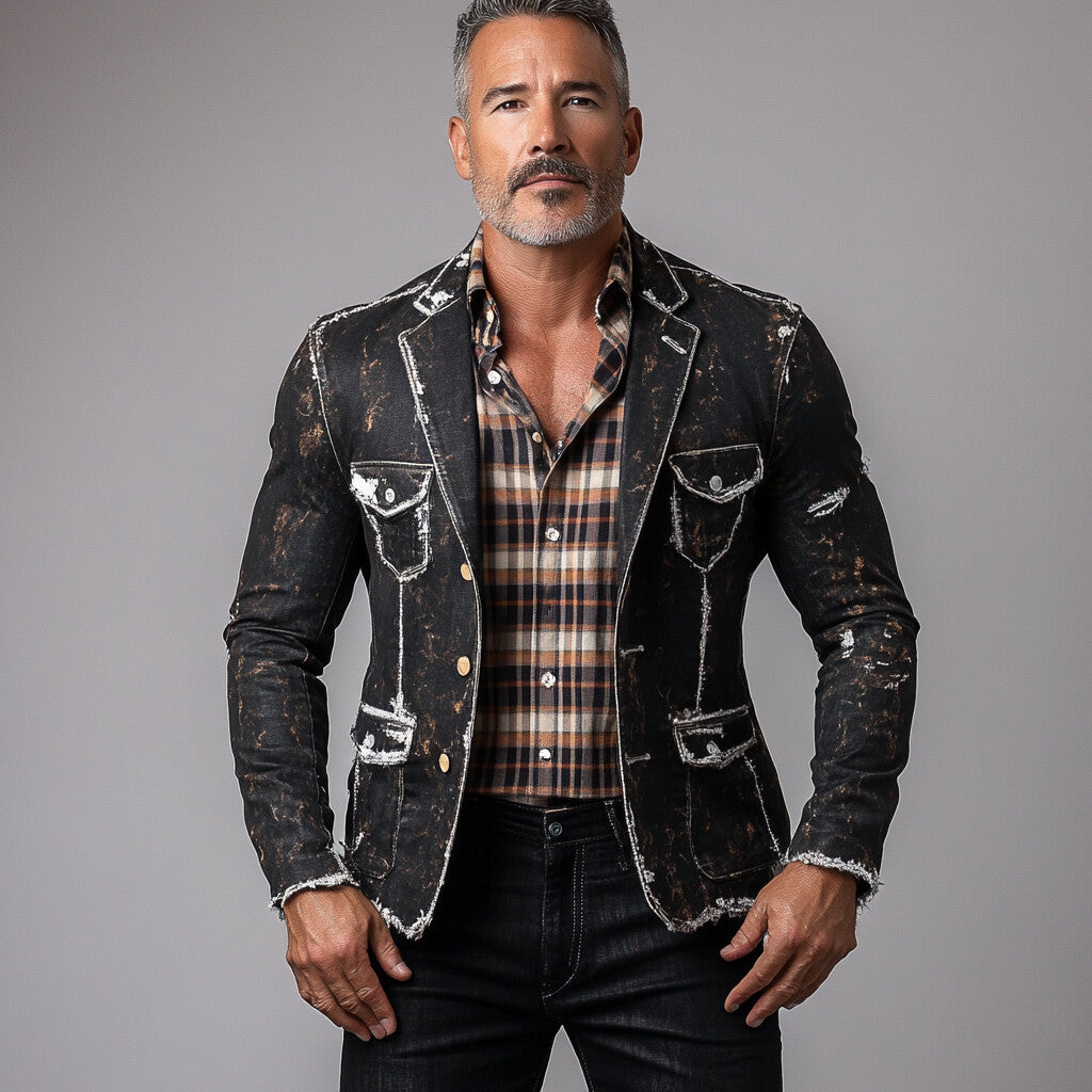 Men's Notch Lapel Single Breasted Distressed Denim Raw Edge Safari Jacket 9899608277176