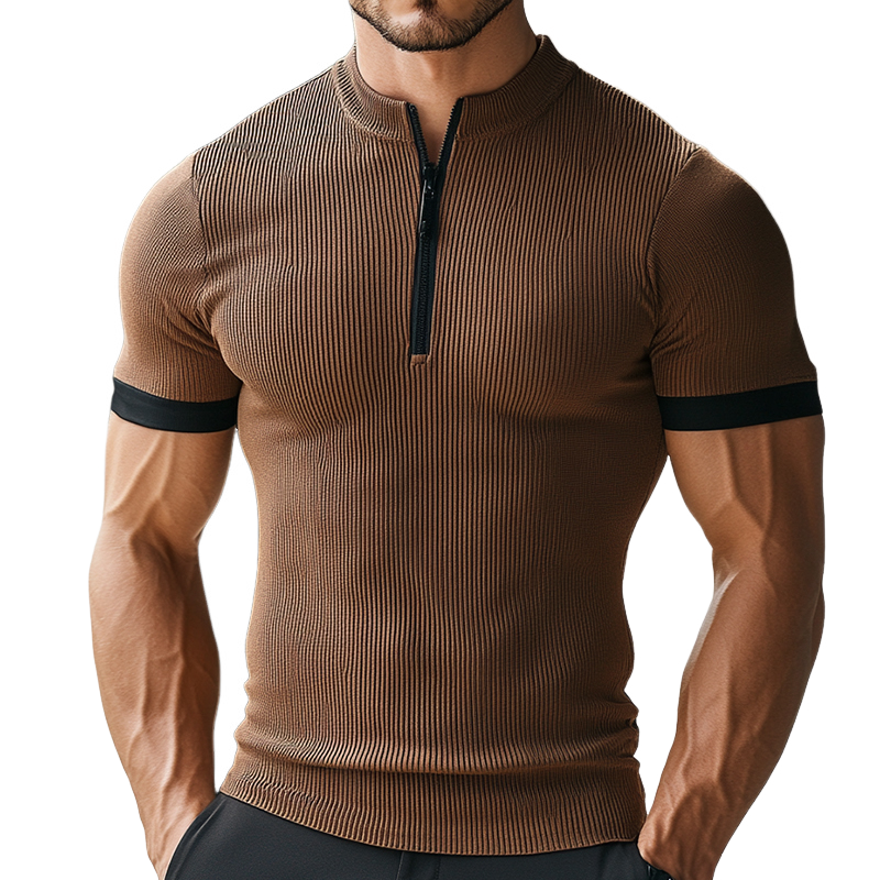 Men's Retro Casual Zipper Stand Collar Short Sleeve T-Shirt 9903252963512