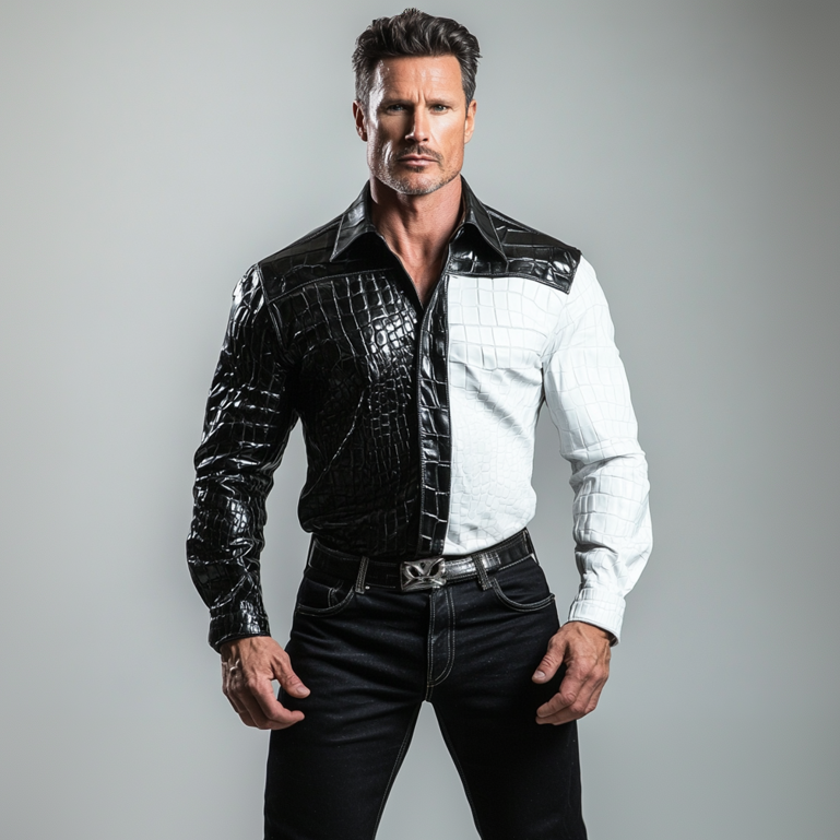 Men's Contrast Color Crocodile Pattern PU Leather Button Long Sleeve Shirt 9906596413624