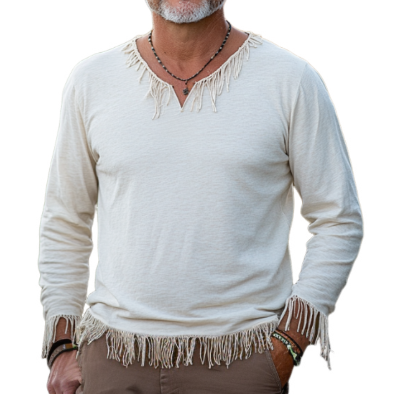 Men's Casual Vintage V-neck Cotton Blend Tassel Raw Edge Long-sleeved T-shirt 9912946131128