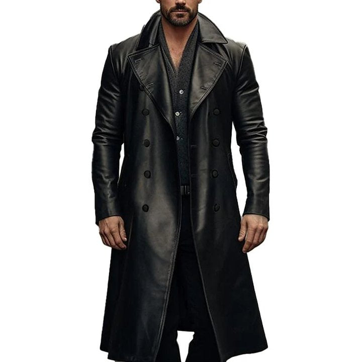 Men's Vintage Leather Solid Color Mid Length Leather Coat 9261102006456