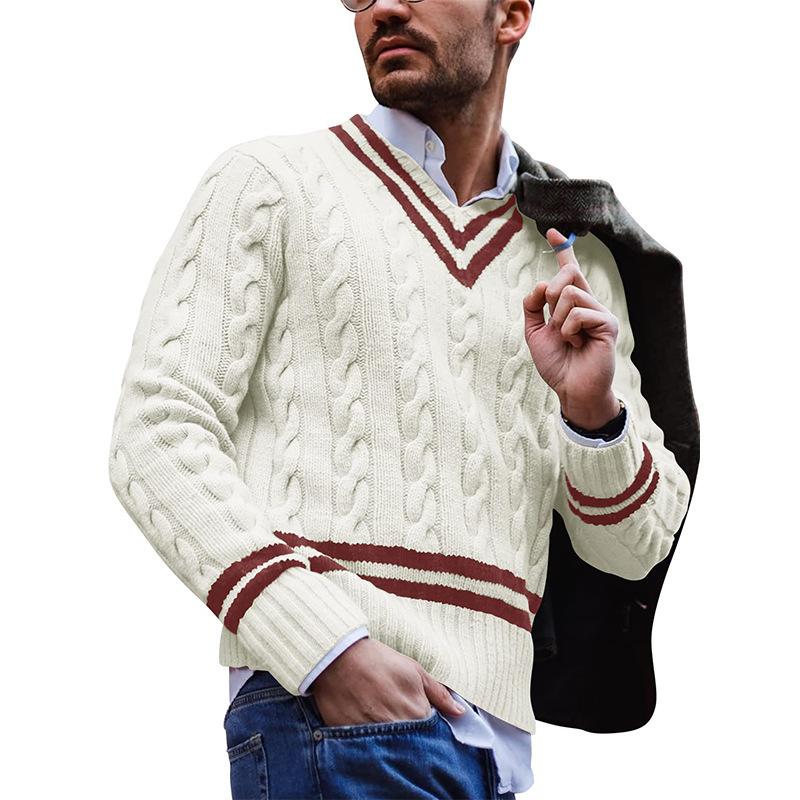 Men's V-Neck Striped Colorblock Knit Sweater 9262175518904