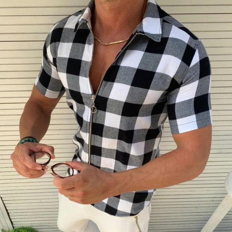 Men's Lapel Plaid Print Zipper Cardigan Short-sleeved T-shirt 9261796524216