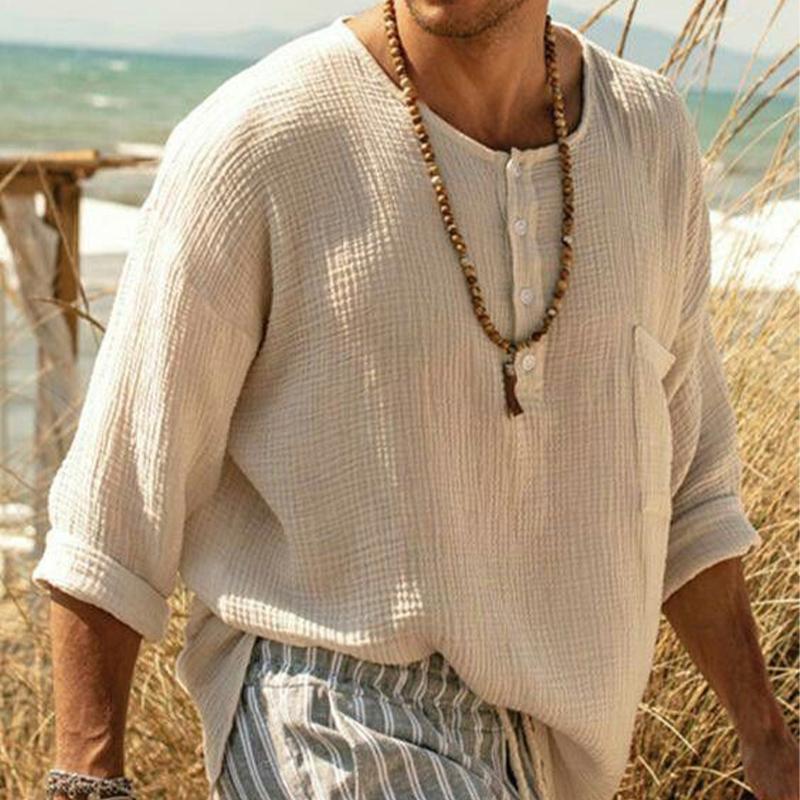 Men's Casual Breathable Round Neck Four-button Long-sleeved T-shirt 9877925789880
