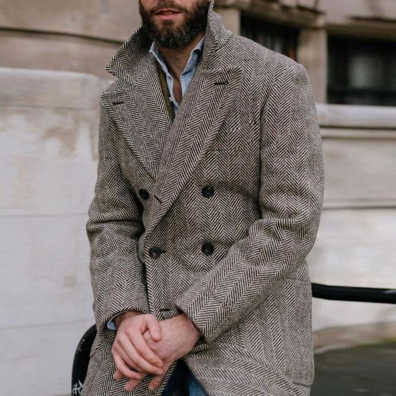 Men's Vintage Herringbone Lapel Double Breasted Slim Mid-length Coat 9261101285560