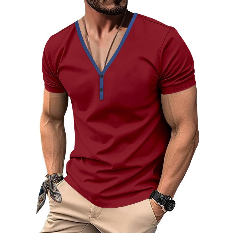 Men's Casual Colorblock V-neck Breathable Slim Short-sleeved T-shirt 9272630345912