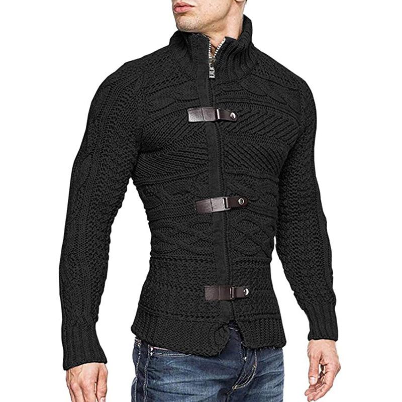 Men's Leather Button Turtleneck Long Sleeve Knitwear Jacket 9262176960696