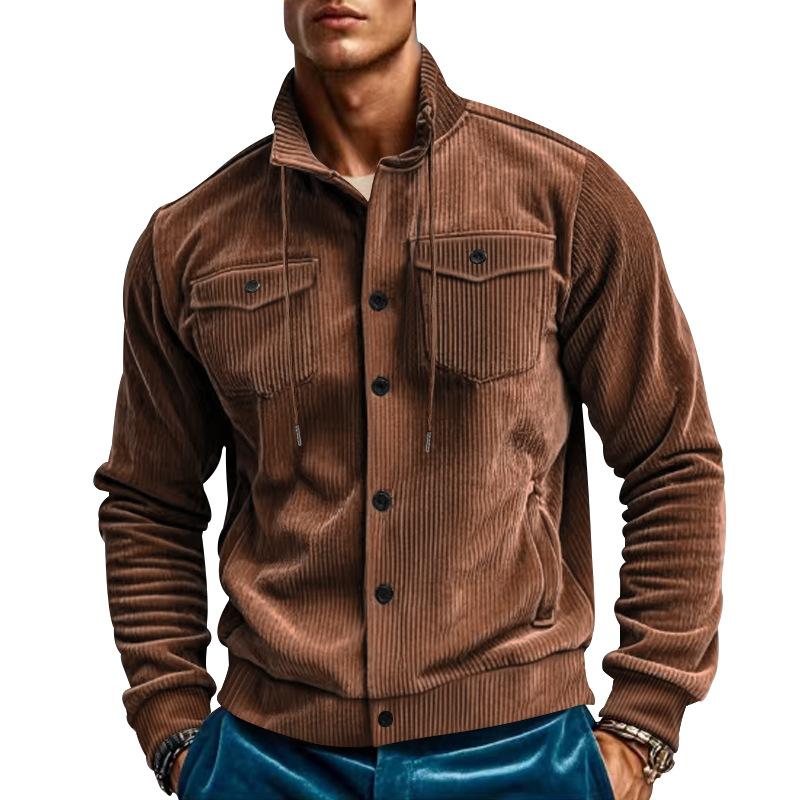 Men's Solid Color Corduroy Lapel Vintage Multi-Pocket Cargo Jacket 9261093224632