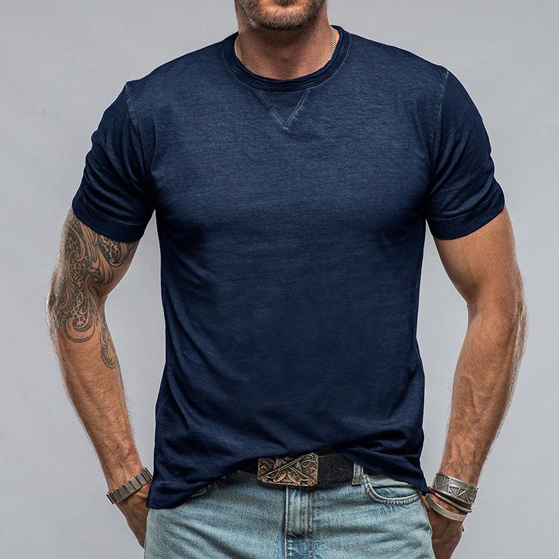 Men's Casual Cotton Solid Color Round Neck Short Sleeve T-Shirt 9261125501112