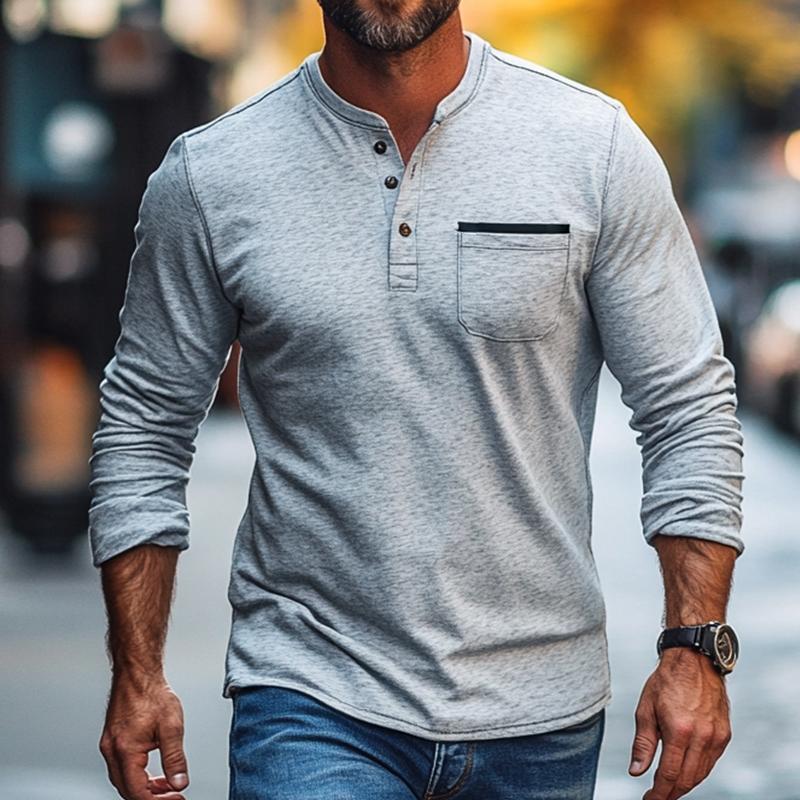 Men's Vintage Casual Pocket Henley Neck Long Sleeve T-Shirt 9877216329912