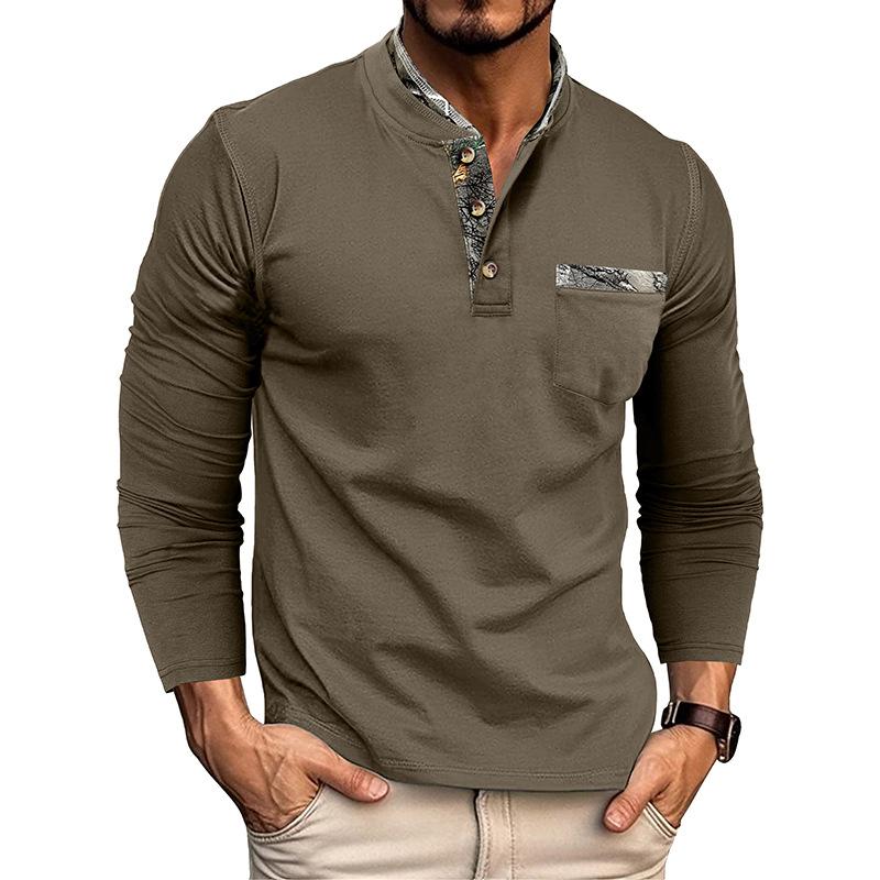Men's Casual Henley Collar Colorblock Slim Fit Long Sleeve T-Shirt 9261139853496