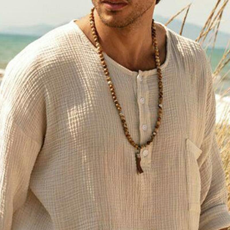 Men's Casual Breathable Round Neck Four-button Long-sleeved T-shirt 9877925789880