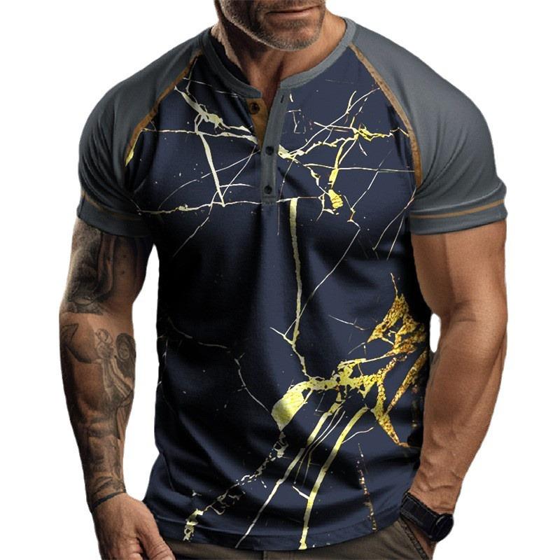 Men's Colorblock Print Loose Short Sleeve Henley T-Shirt 9261144473784