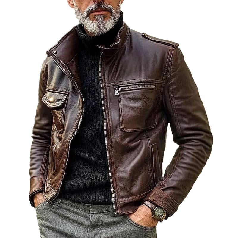 Men's Vintage Lapel Multi-Pocket Leather Jacket 9260833702072