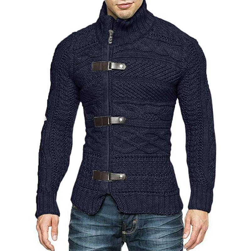 Men's Leather Button Turtleneck Long Sleeve Knitwear Jacket 9262176960696