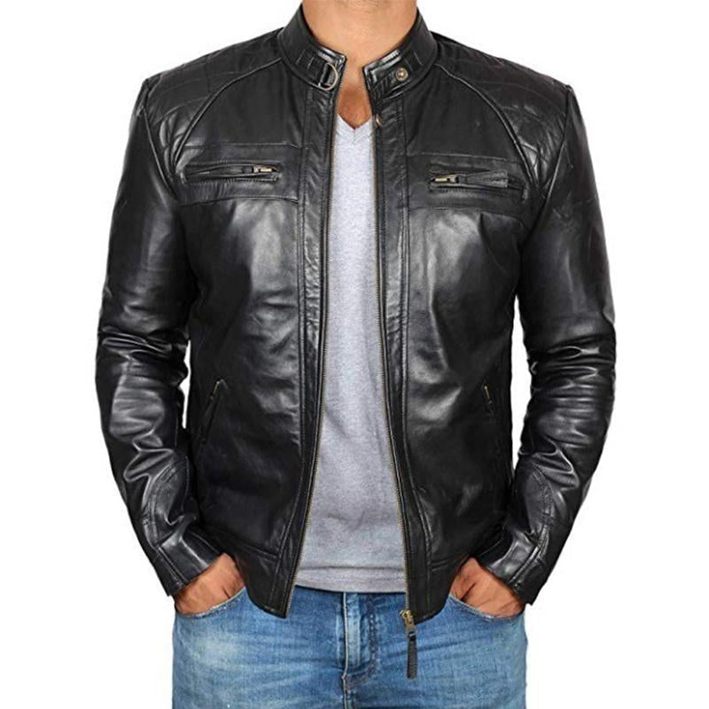 Men's Vintage Stand Collar Zipper Slim Fit Leather Biker Jacket 9261085032632