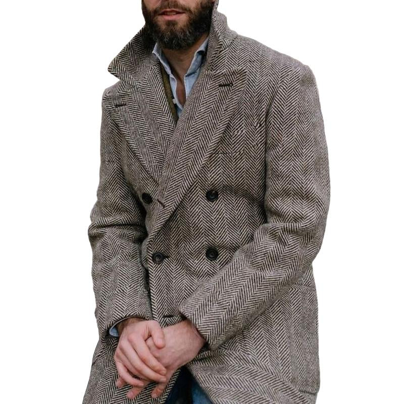 Men's Vintage Herringbone Lapel Double Breasted Slim Mid-length Coat 9261101285560