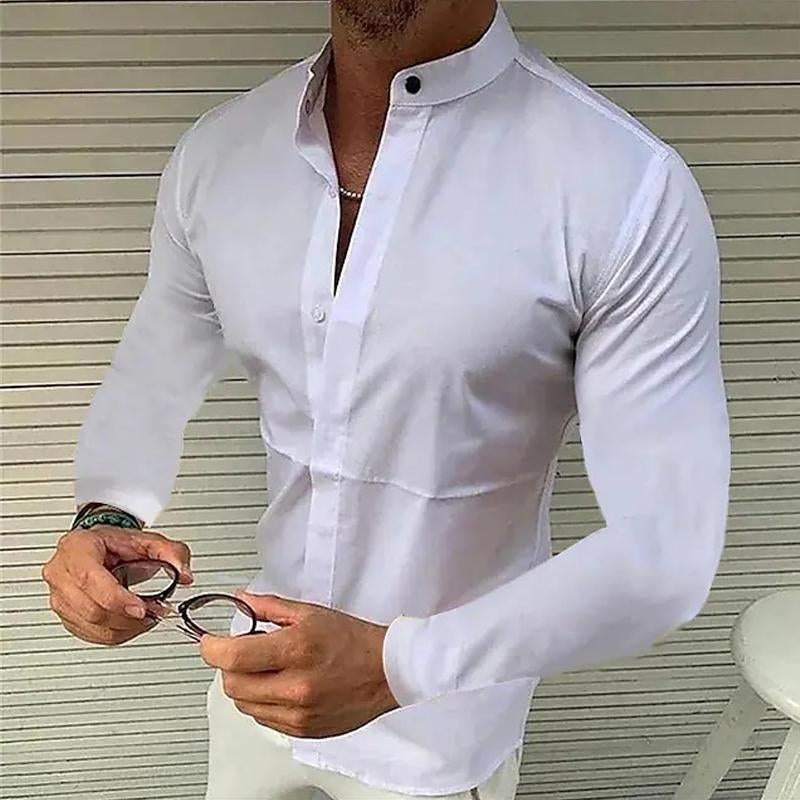 Men's Stand Collar Solid Color Long Sleeve Shirt 9261781614776