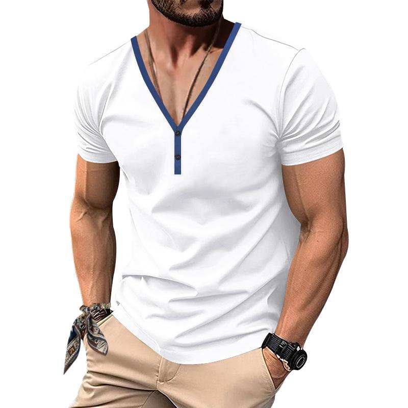 Men's Casual Colorblock V-neck Breathable Slim Short-sleeved T-shirt 9272630345912