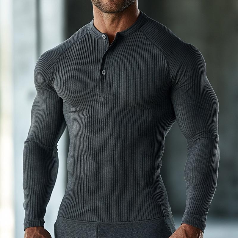 Men's Retro Casual Solid Striped Henley Neck Long Sleeve T-Shirt 9877927198904