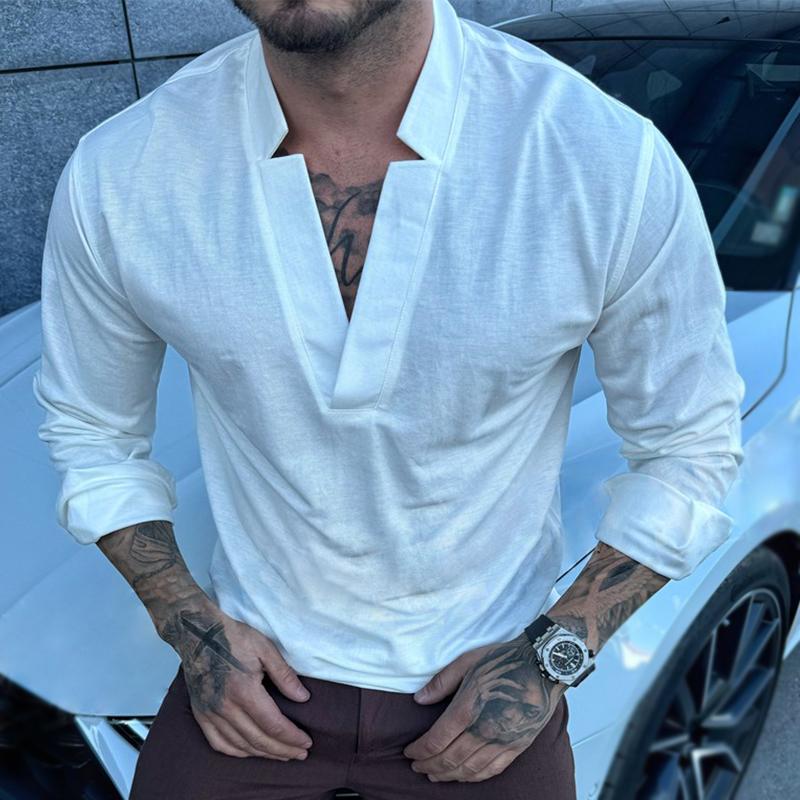Men's Retro Casual Solid Color V-Neck Long Sleeve T-Shirt 9261140738232