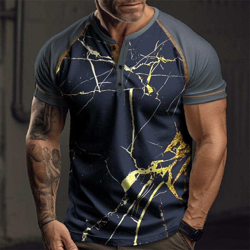Men's Colorblock Print Loose Short Sleeve Henley T-Shirt 9261144473784