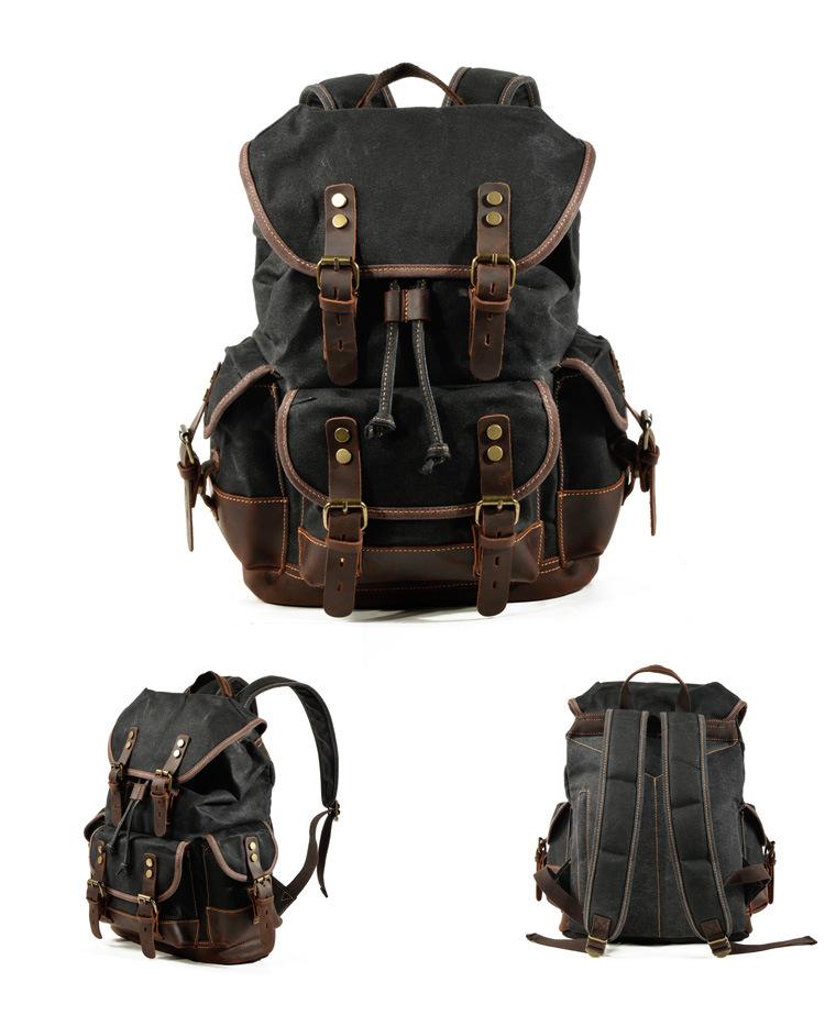 Men's Vintage Outdoor Canvas Stitching Leather Multi-Pocket Backpack 9262190624952