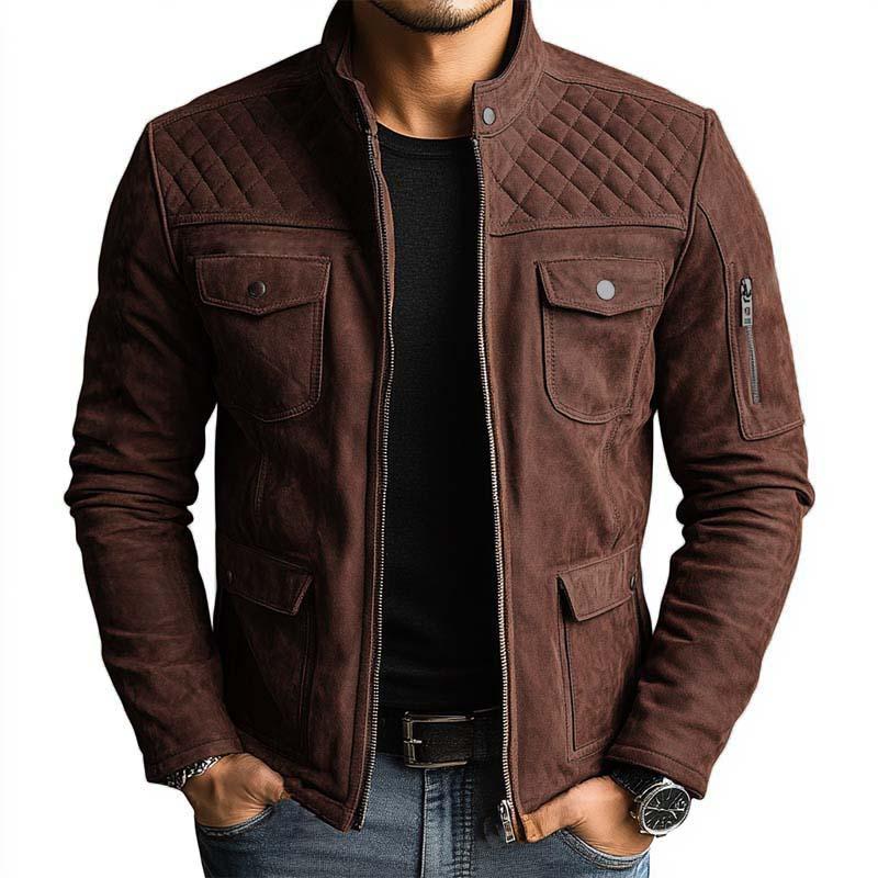 Men's Vintage Classic Slim Fit Multi-Pocket Zipper Stand Collar Suede Jacket 9261096960184