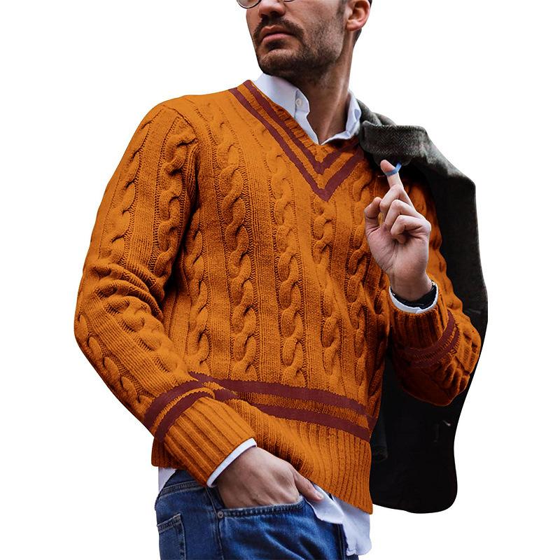 Men's V-Neck Striped Colorblock Knit Sweater 9262175518904