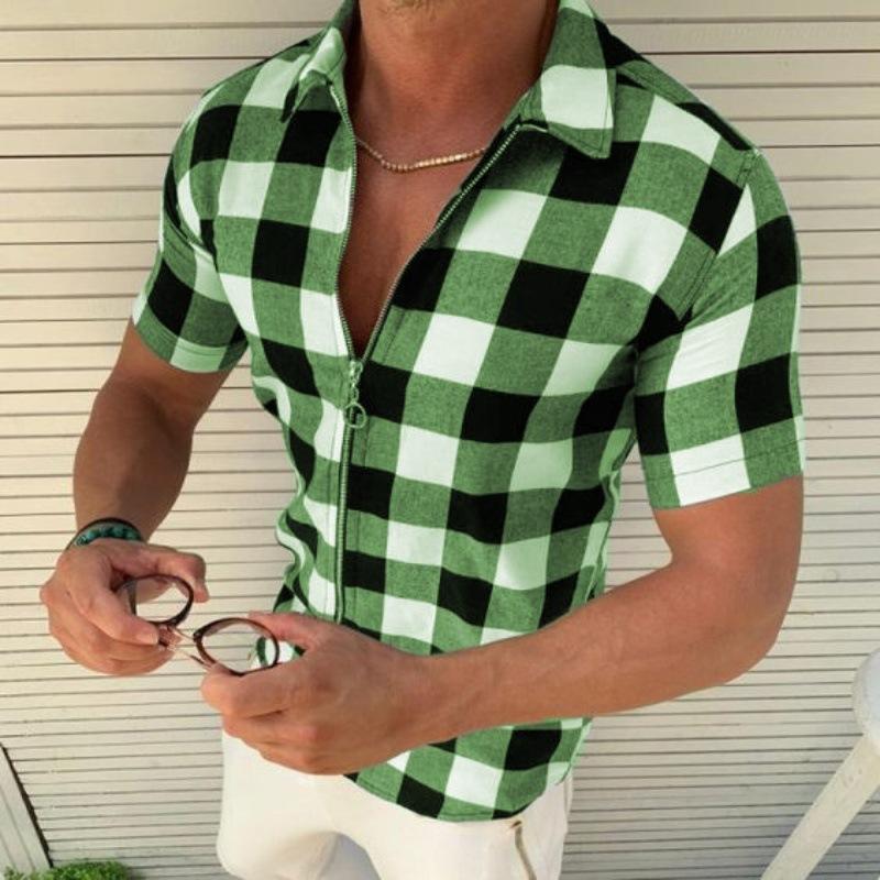 Men's Lapel Plaid Print Zipper Cardigan Short-sleeved T-shirt 9261796524216