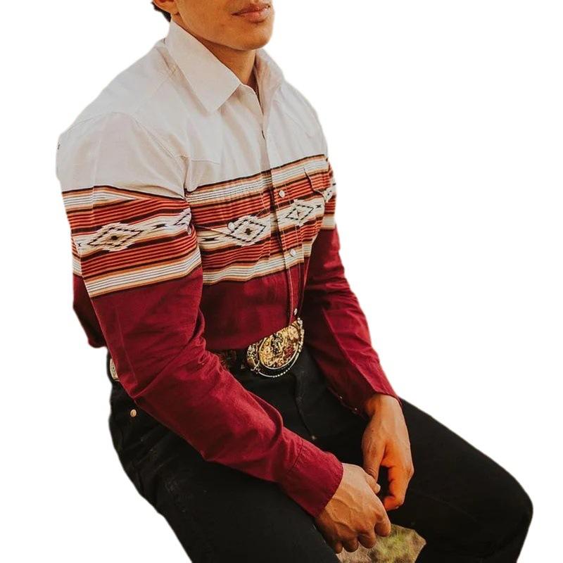 Men's Western Denim Print Lapel Long Sleeve Shirt 9261779583160