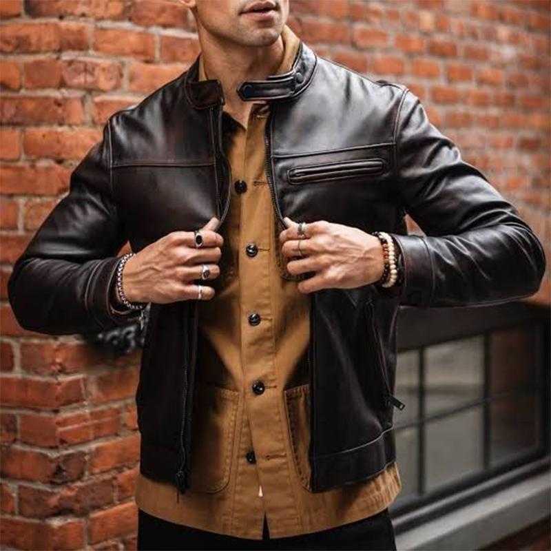 Men's Vintage Distressed Zipper Leather Jacket 9886817616056