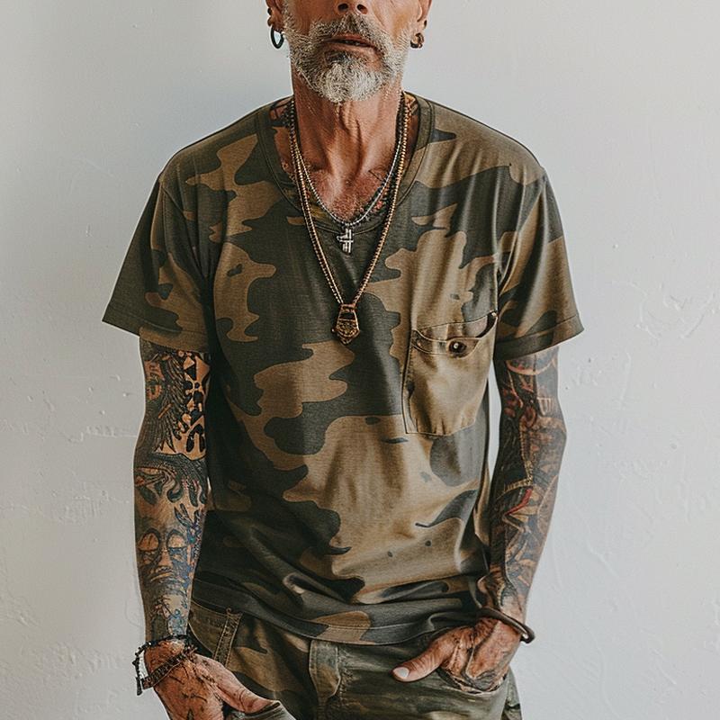 Men's Vintage Camo Print V-Neck Chest Pocket Short Sleeve T-Shirt 9261122355384