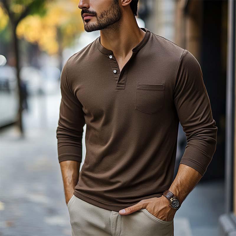 Men's Classic Casual V-Neck Pocket Cotton Long Sleeve T-Shirt 9877215281336