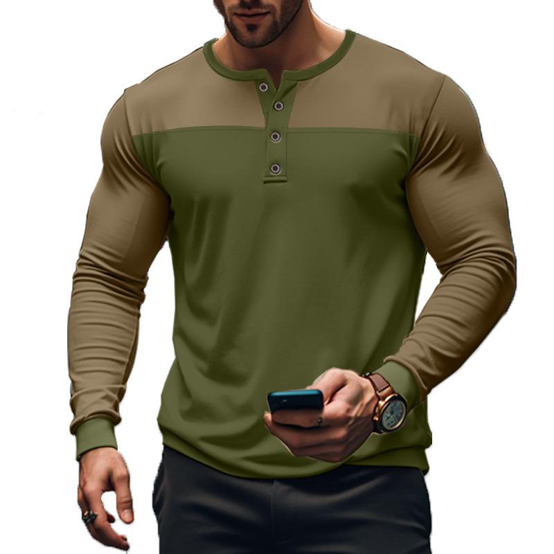 Men's Slim Fit Long Sleeve Paneled Bottoming Henley T-Shirt 9261143425208