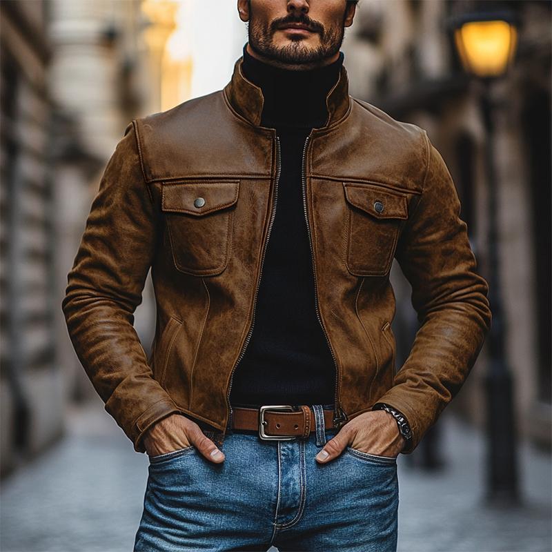 Men's Vintage Leather Stand Collar Multi-Pocket Slim Fit Jacket 9269591605432